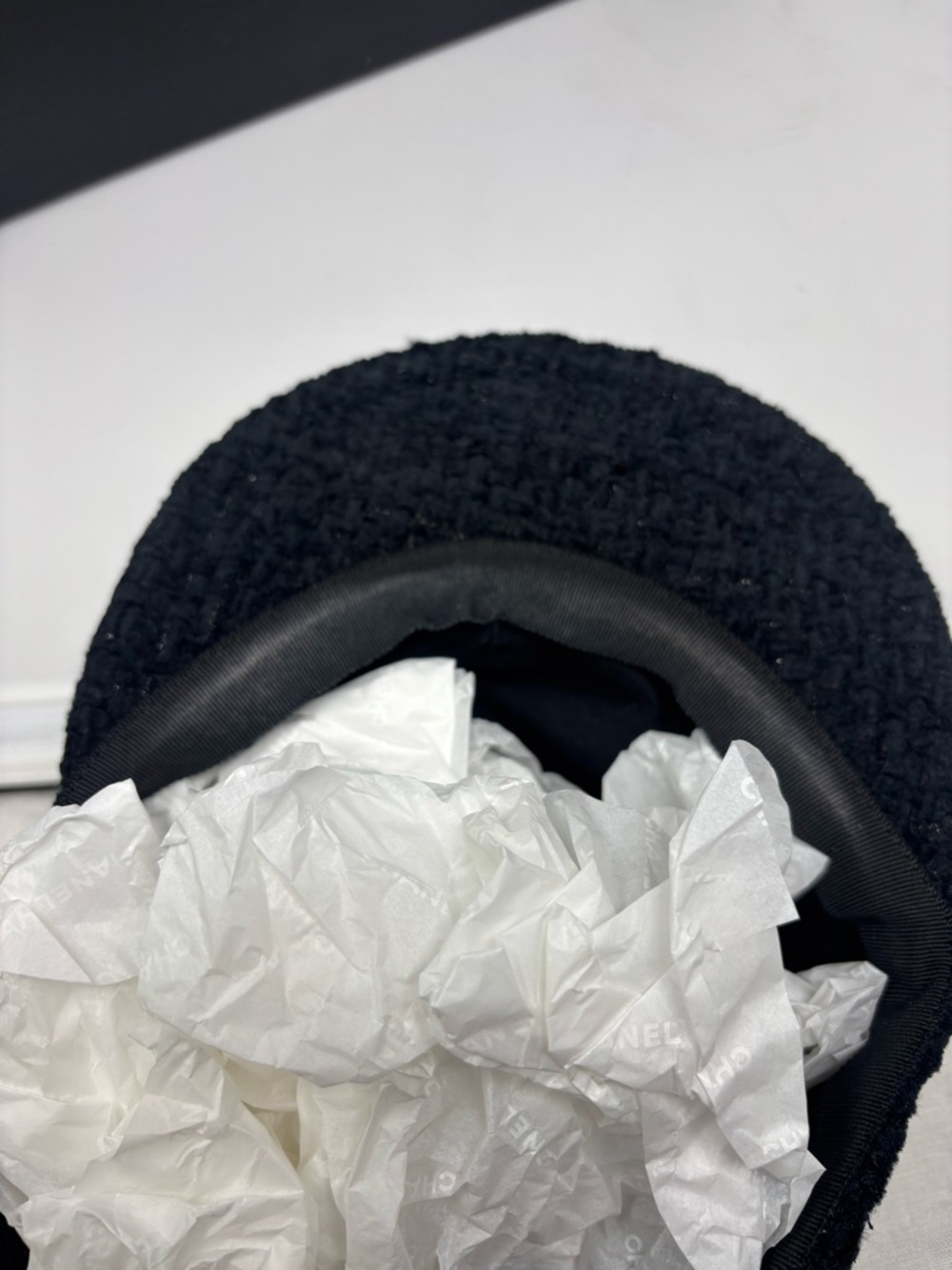 CHANEL Black Tweed Logo News/Baker Boy Style: lightly Worn with Box: rare large - Picture 4 of 4